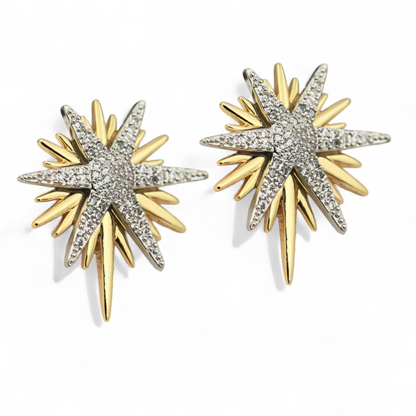 Aros Estrella Bicolor en Oro y Rodio – Zirconias Cúbicas Brillantes