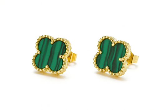 Aros Sweet Clovers Malaquita Trébol - Baño Oro 18k