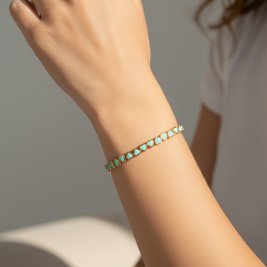 Pulsera Tennis Corazones Turquesa Invertidos – Baño de Oro