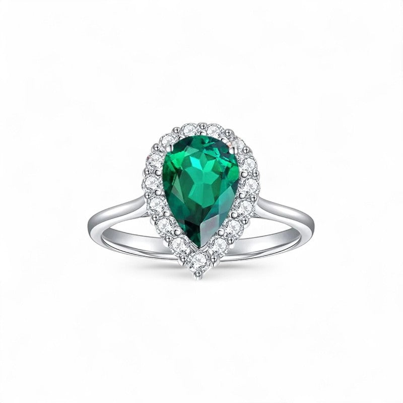 Anillo Pera de Esmeralda de Laboratorio con Moissanitas en Plata 925