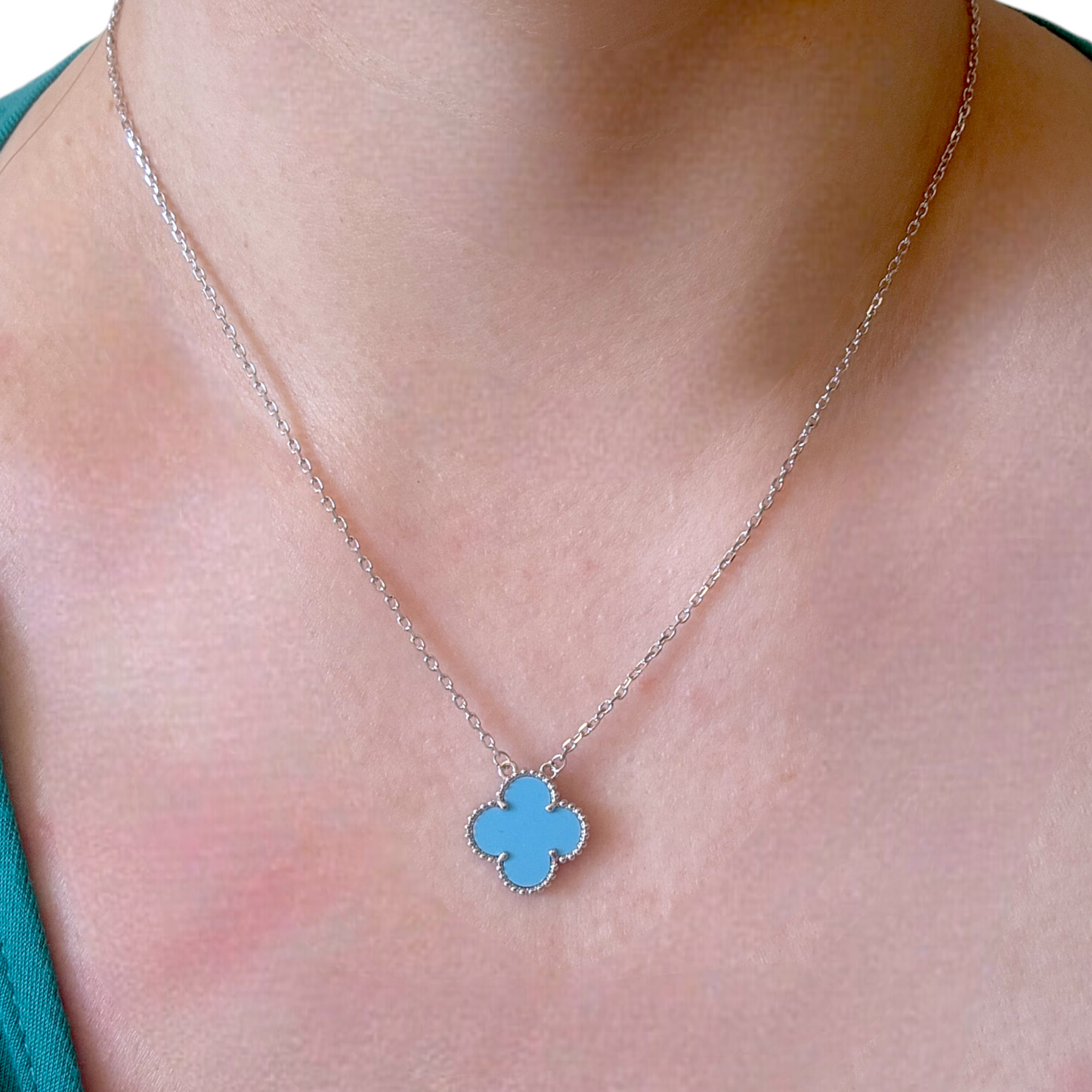 Cadena Clover Turquesa Trébol Plateado