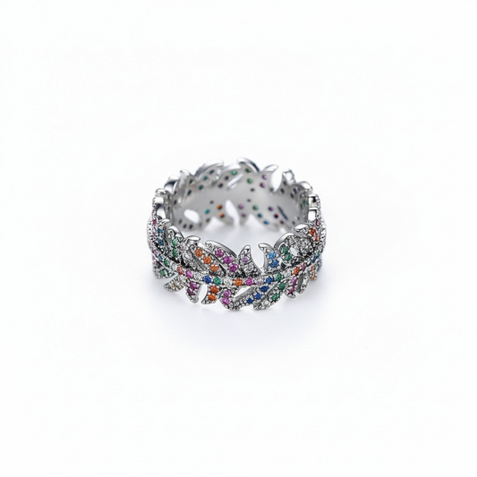 Anillo Plumas Multicolor – Baño de Rodio Negro - Talla 12