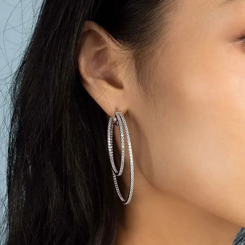 Aros de Plata 925 con Diseño Doble Aro Negro y Circonitas