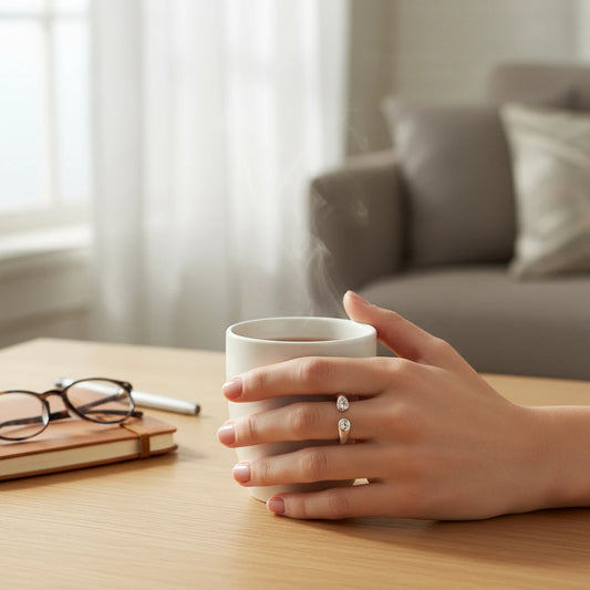 Anillo abierto Ámbar Joyas de plata con dos circonitas en forma de gota, lucido en la mano sosteniendo una taza.