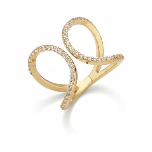 Anillo cruzado Ámbar Joyas con baño de oro de 18k y circones brillantes en diseño abierto contemporáneo