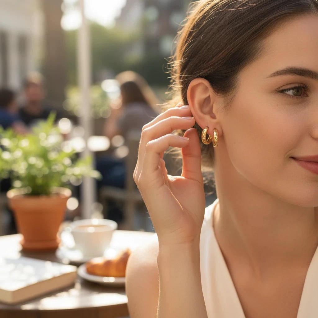 Mujer luciendo aros abrazadera Ámbar Joyas con baño de oro 18k y circones en un entorno de cafetería al aire libre