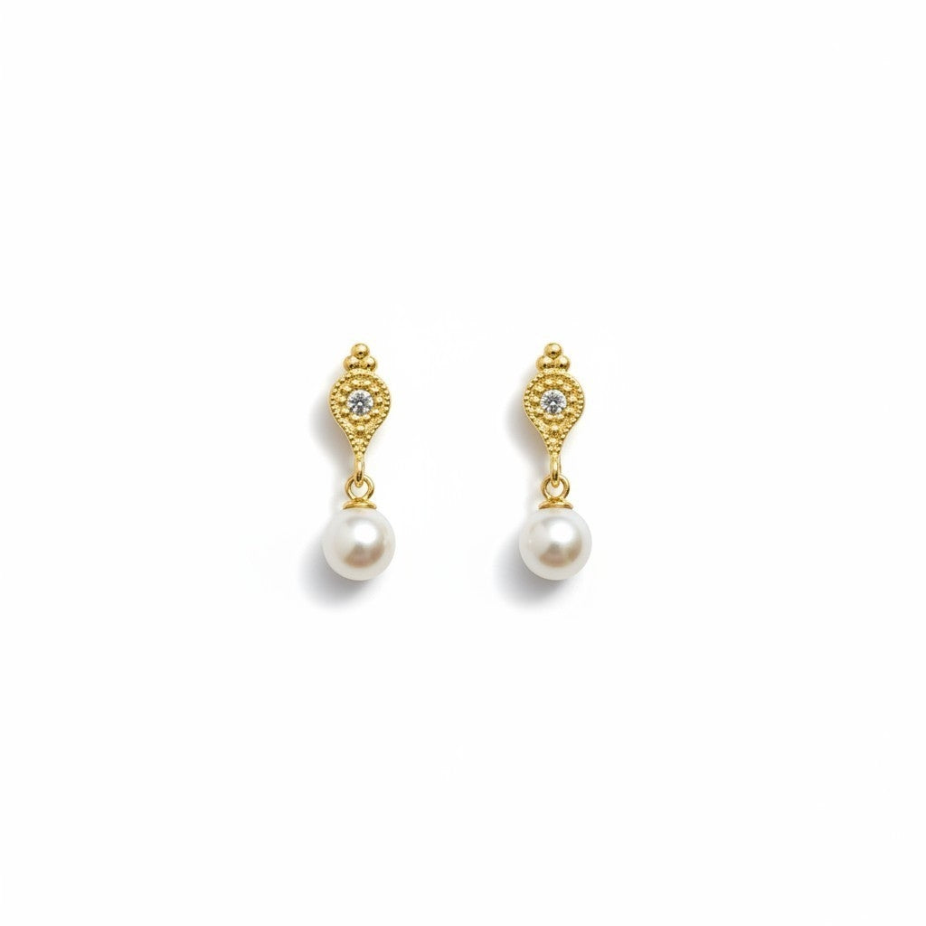 Aros Colgantes Gota Circón con Perla Baño de Oro 18k