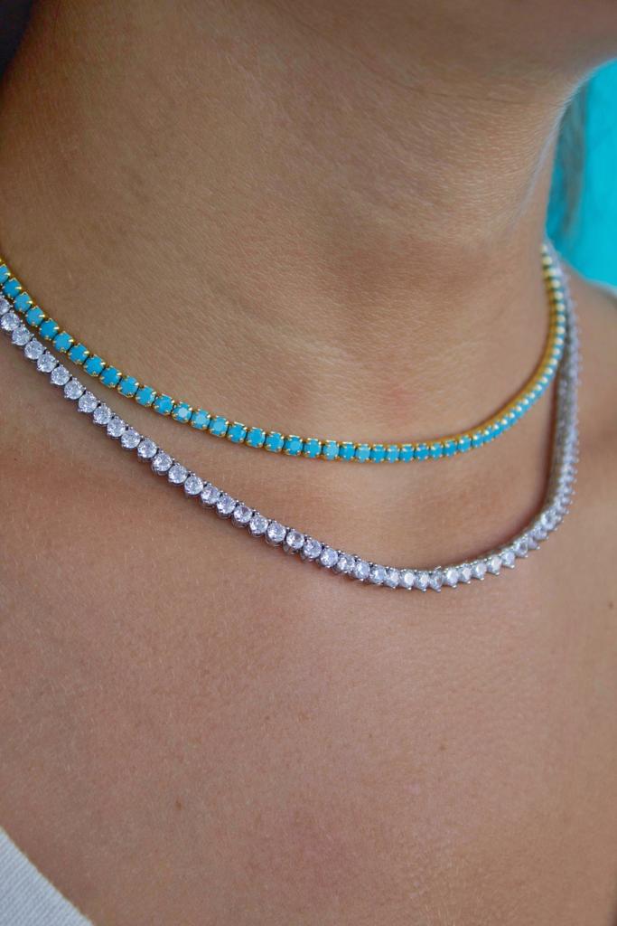 Collar Tennis 3 Puntas de Circones 2mm Dorado con Baño de Oro 18k