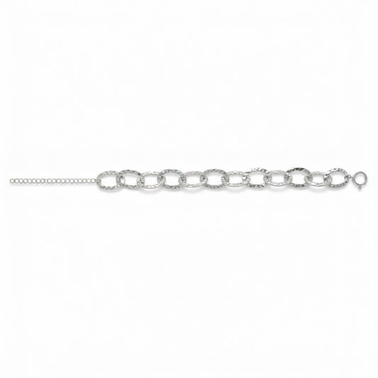Pulsera de eslabones ovalados martillados con baño de plata, cierre marinero y extensor