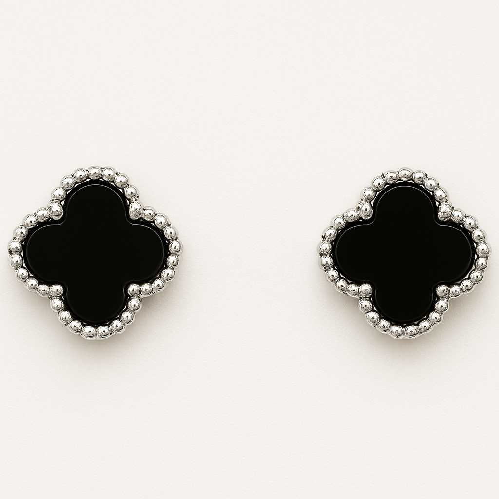 Aros Sweet Clovers Onix Trébol Plateado
