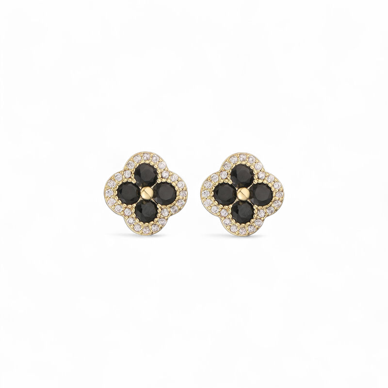 Aros Flor Pavé Negro en Oro 18k