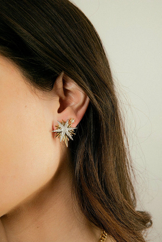 Aros Estrella Bicolor en Oro y Rodio – Zirconias Cúbicas Brillantes