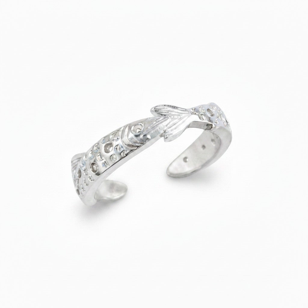 Anillo Ajustable Banda Pez Satinada - Baño de Plata