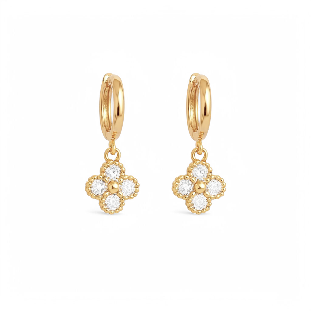 Aros Trébol Colgante con Circonitas Blancas - Baño de Oro 18k