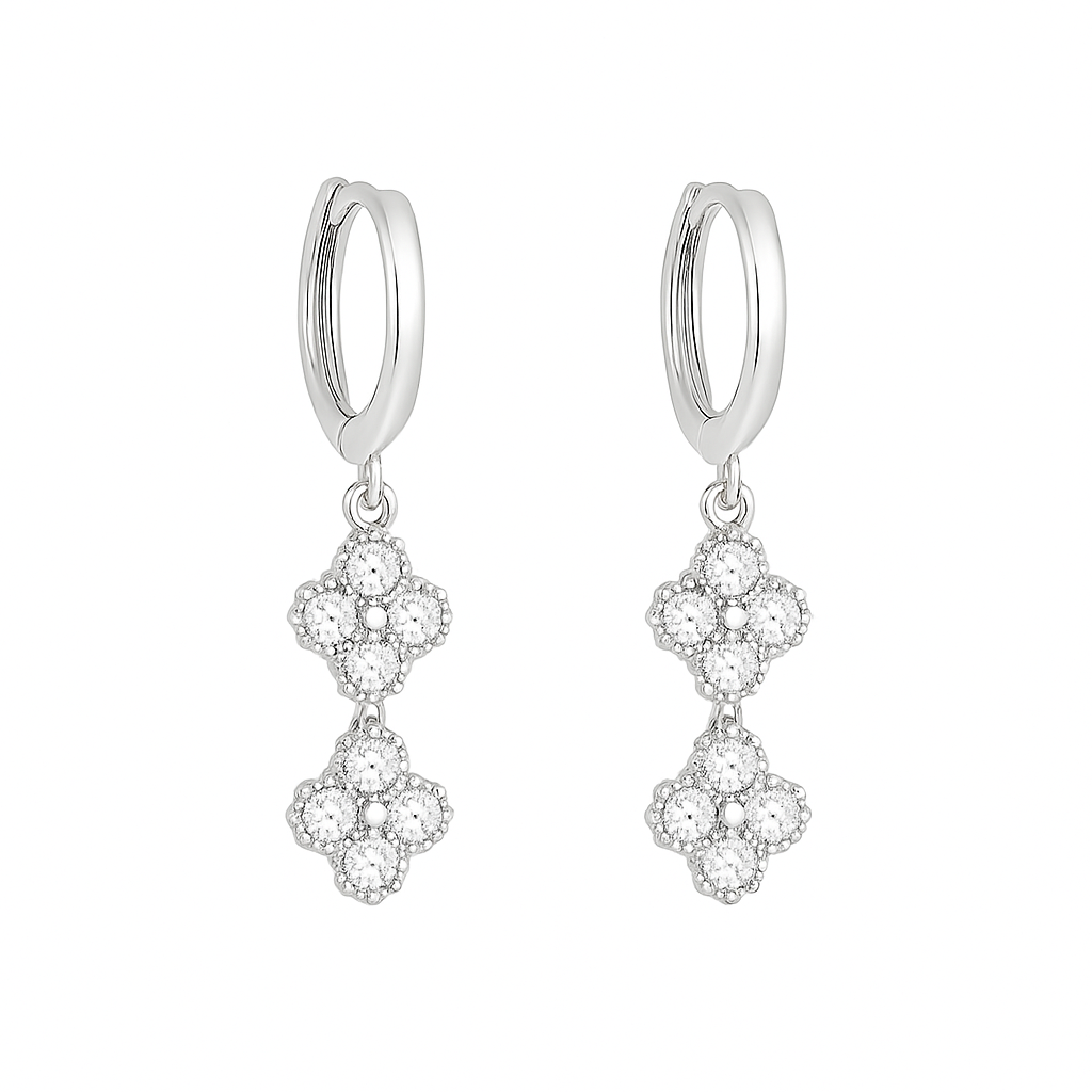 Aros Trébol Colgante con Circonitas Blancas – Plata 925 Baño de Rodio