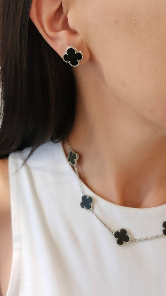Aros Clovers Onix Trébol Plateado