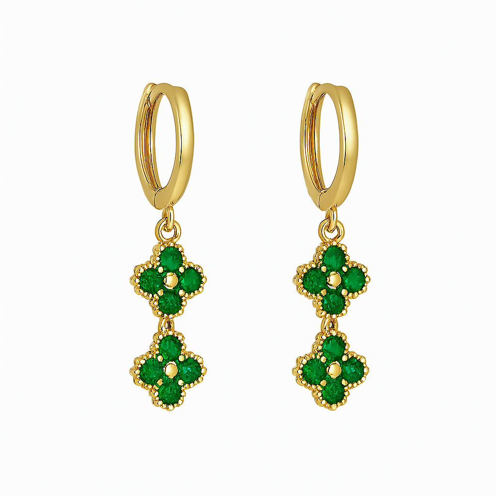 Aros Trébol Colgante Verdes – Baño de Oro 18k, Circonitas