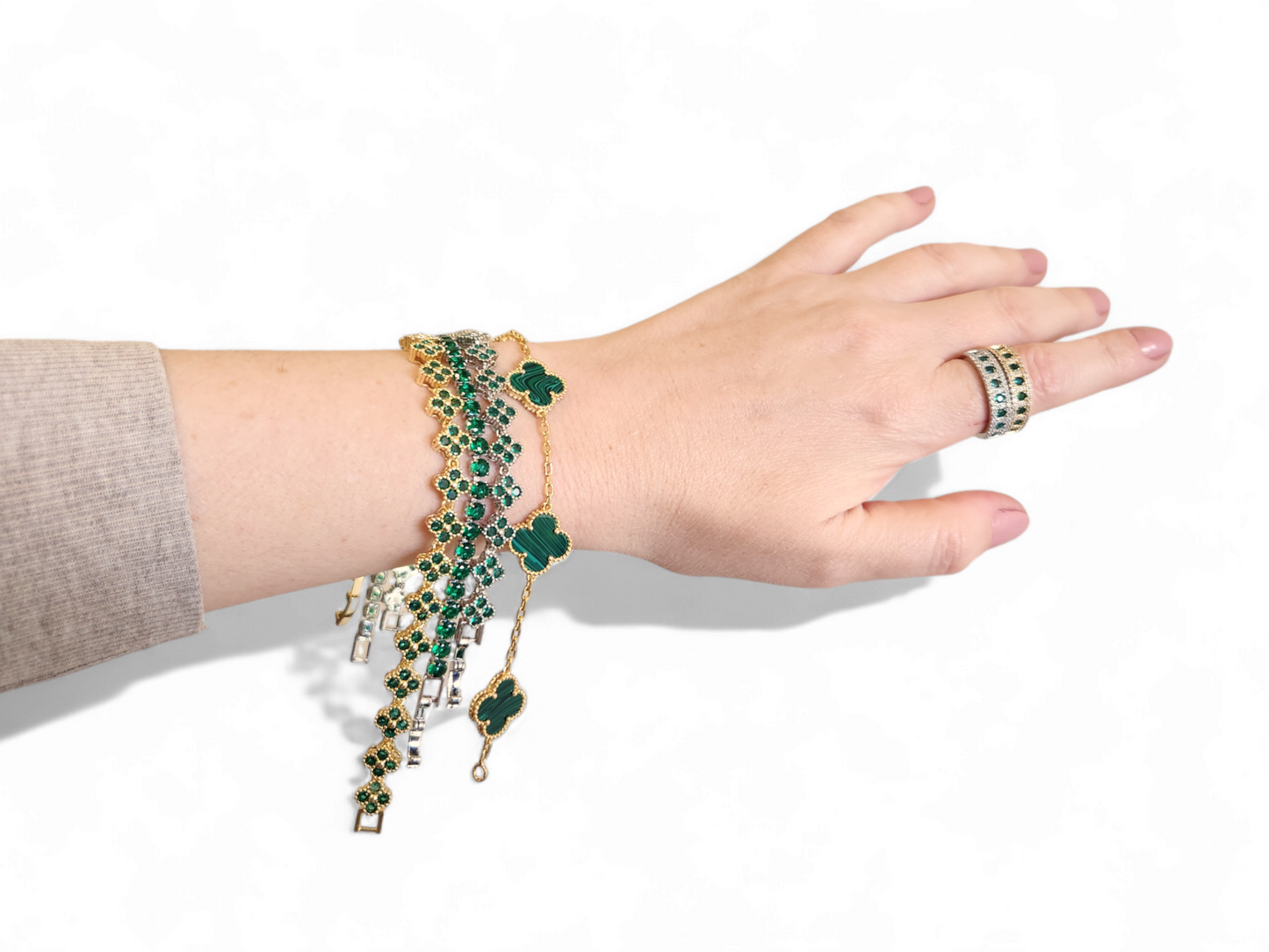 Pulsera Clovers Malaquitas - Baño Oro 18k