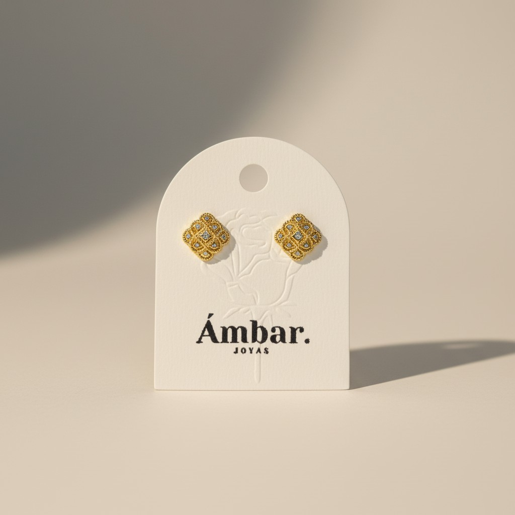 Aros Cuadrados Encaje Circonitas - Baño de Oro 18k