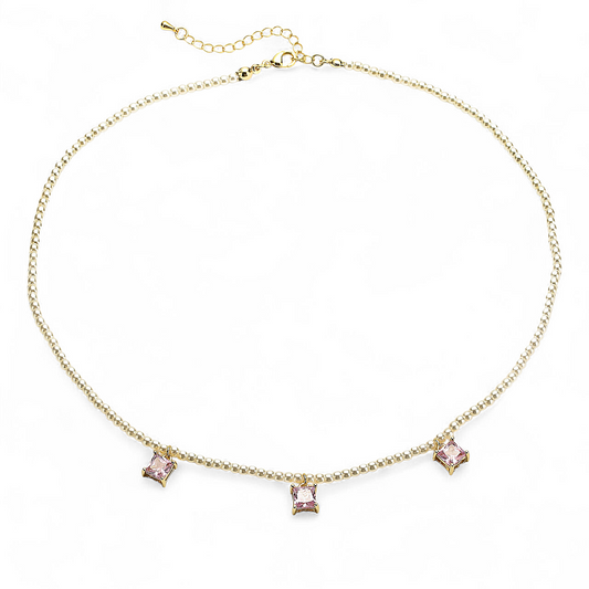 Collar Perlas Mini & Cubos Rosados