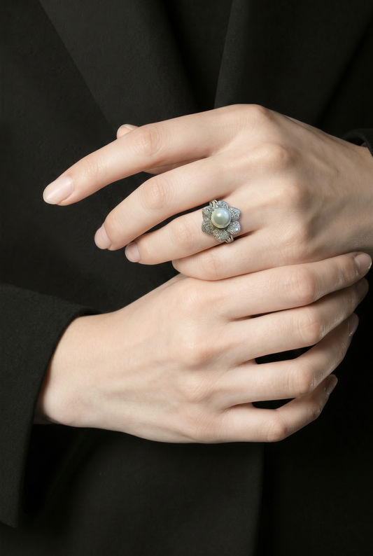 Anillo Magnolia Real Perla - Baño de Rodio