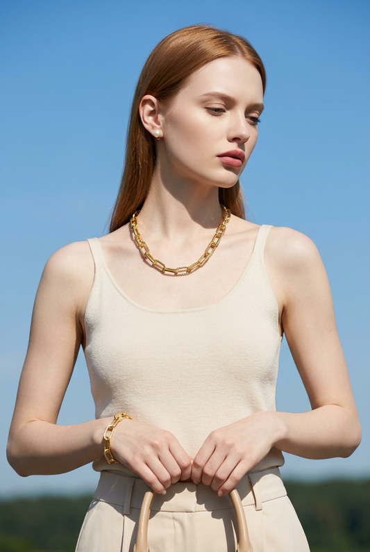 Pulsera Eslabones Ovalados Texturizados – Baño de Oro 18k - Ámbar Joyas
