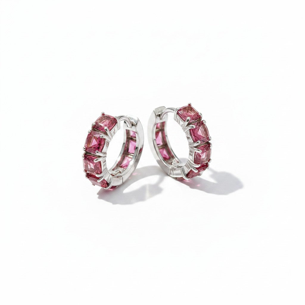 Argollas Circonitas Rosadas 12mm – Baño de Rodio