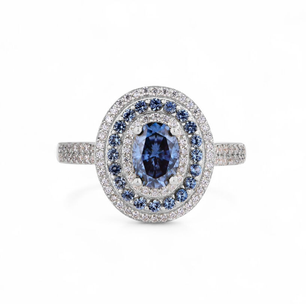 Anillo de Moissanita Azul en Plata 925 con Rodio