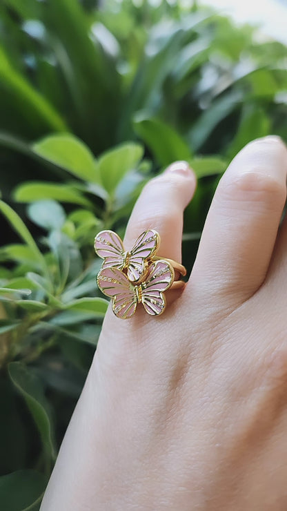 Anillo Ajustable Mariposa Esmaltada Rosado