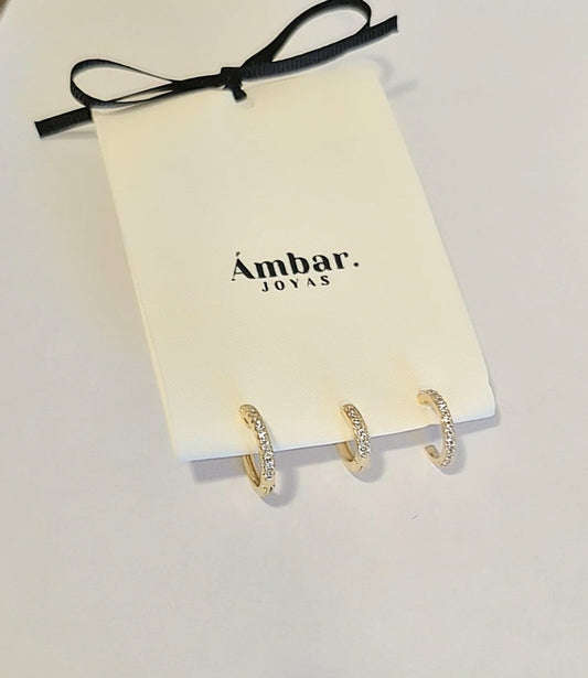 Pack de 3 Aros Argollas con Zirconias y Cuff Ajustable en Baño de Oro 18k