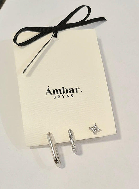 Pack de Aros Plata Rodio Minimalistas y con Zirconitas – Set 3 Piezas