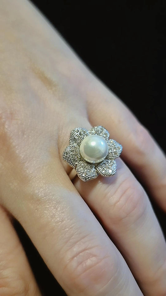 Anillo Magnolia Real Perla - Baño de Rodio