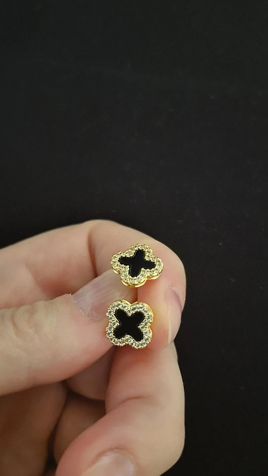 Aros Clover Negro Halo - Baño de Oro 18k
