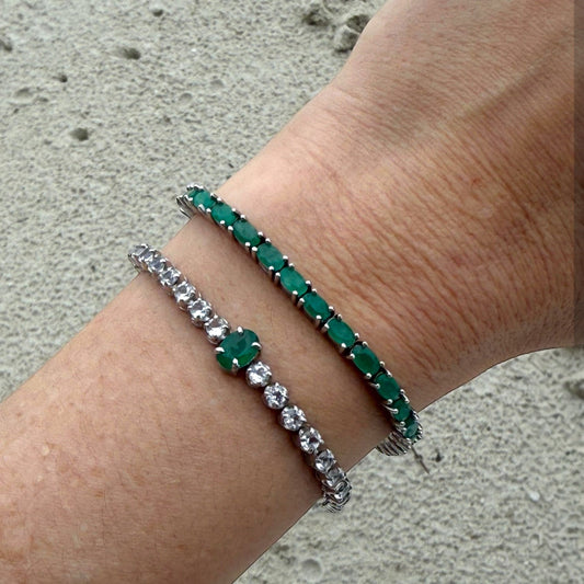 Pulsera Tennis Topacios Blancos y Esmeralda Natural – Plata 925