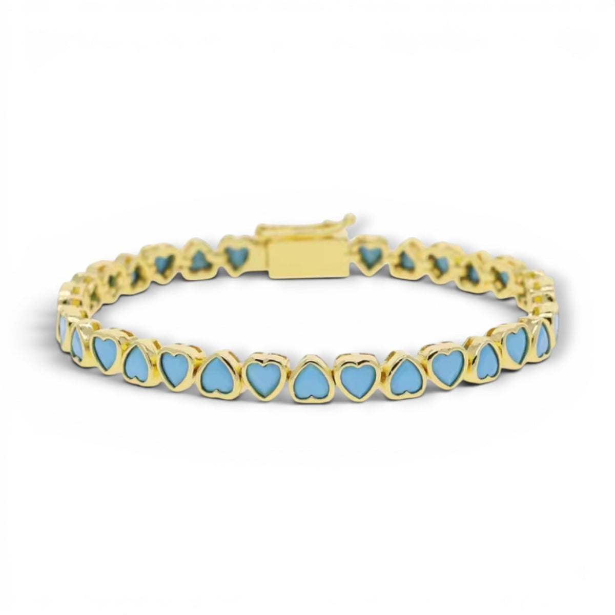 Pulsera Tennis Corazones Turquesa Invertidos – Baño de Oro