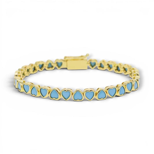 Pulsera Tennis Corazones Turquesa Invertidos – Baño de Oro