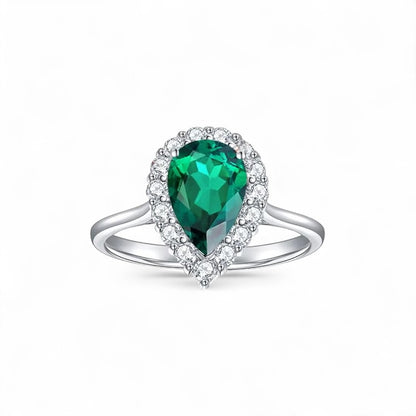 Anillo Pera de Esmeralda de Laboratorio con Moissanitas en Plata 925