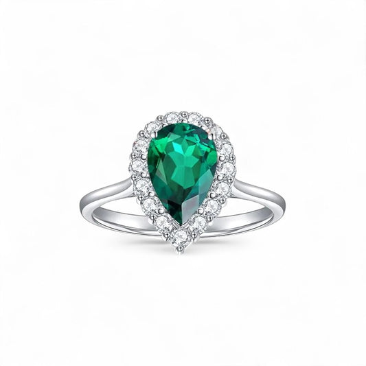 Anillo Pera de Esmeralda de Laboratorio con Moissanitas en Plata 925
