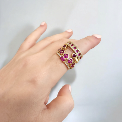 Anillo Corazones Bezel Fucsia