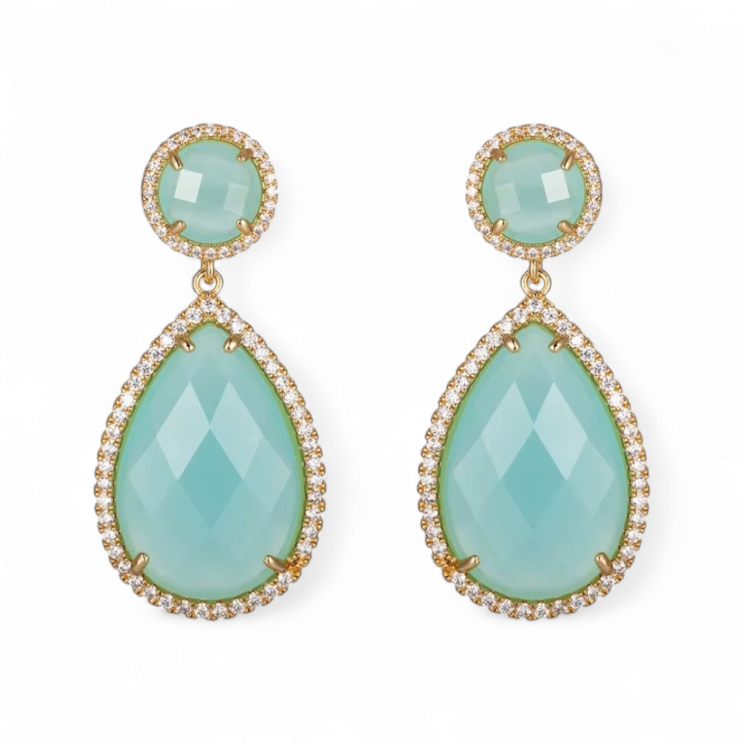 Aros Colgantes Gota Celeste Halo Turquesa Baño de Oro