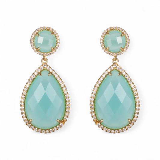Aros Colgantes Gota Celeste Halo Turquesa Baño de Oro
