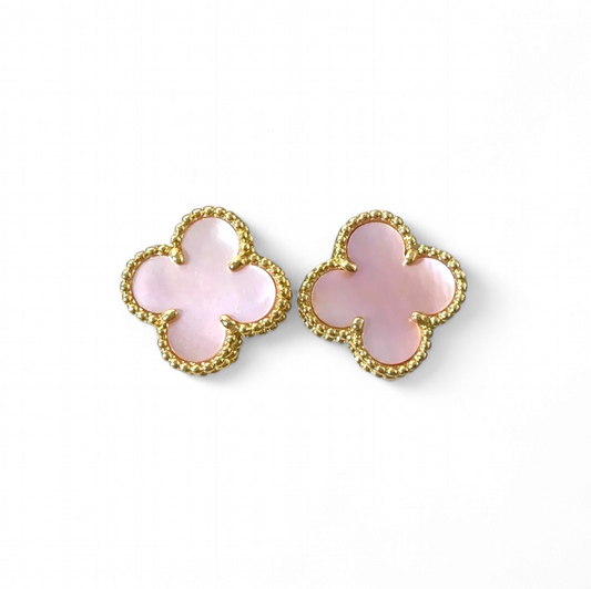 Aros Clovers Nacar Rosado Trébol - Baño de Oro 18k