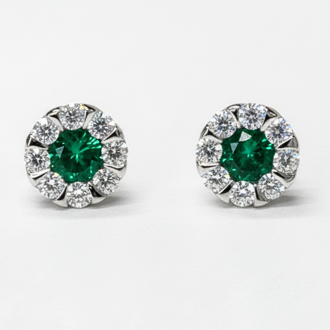 Aros Stud Halo Verde Baño de Rodio