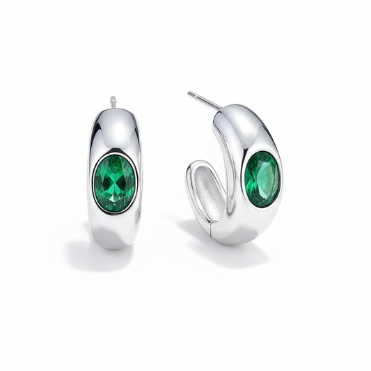 Argollas Chunky Oval Verde - Baño de Rodio
