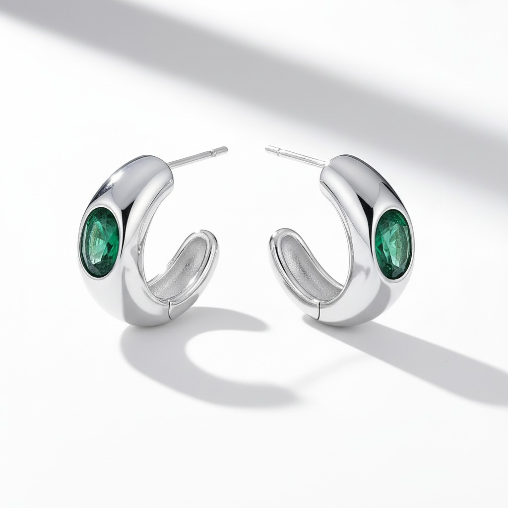 Argollas Chunky Oval Verde - Baño de Rodio