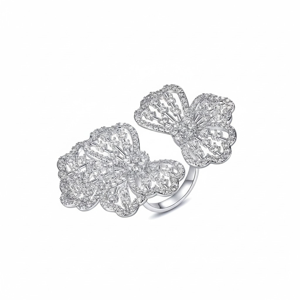 Anillo Doble Flor Encaje Ajustable – Baño de Rodio