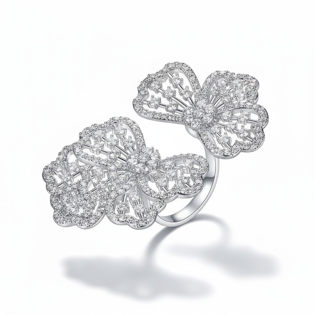 Anillo Doble Flor Encaje Ajustable – Baño de Rodio