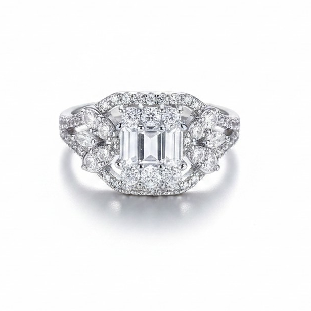 Anillo Art Déco Emerald Cut Ajustable – Baño de Rodio