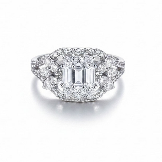 Anillo Art Déco Emerald Cut Ajustable – Baño de Rodio