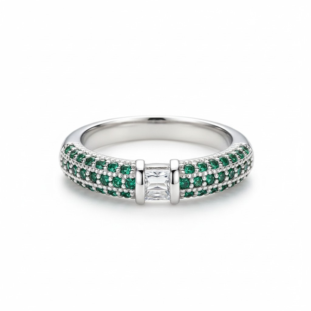 Anillo Cintillo Circonitas Verdes - Rodio - Talla 12